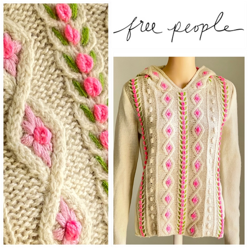 Free People Vintage Boho Floral Embroidered Wool Blend Crochet Cream Sweater